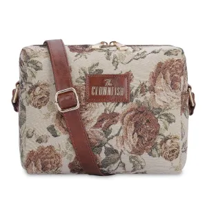 THE CLOWNFISH Alfreda Series Sling for Women Printed Handicraft Fabric & Faux Leather Casual Ladies Single Shoulder Bag For Women Crossbody Bag for College Girls (Black-Wave Design)