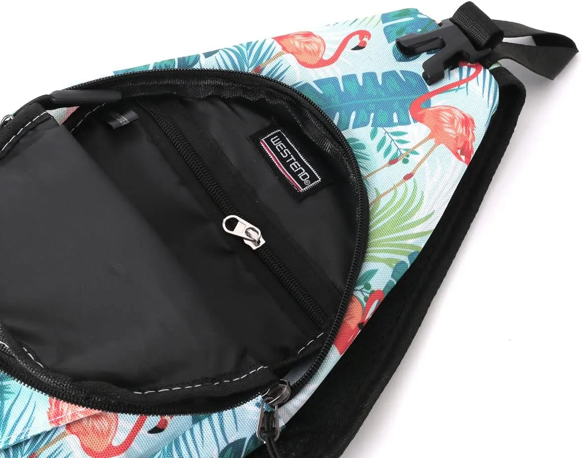WESTEND Novelty Crossbody Sling Bag Backpack with Adjustable Strap for Men and Women. Flamingo with Tropical Leaves