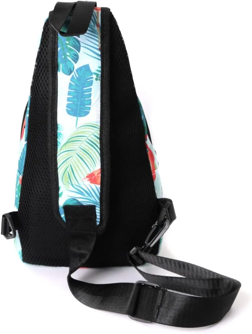 WESTEND Novelty Crossbody Sling Bag Backpack with Adjustable Strap for Men and Women. Flamingo with Tropical Leaves
