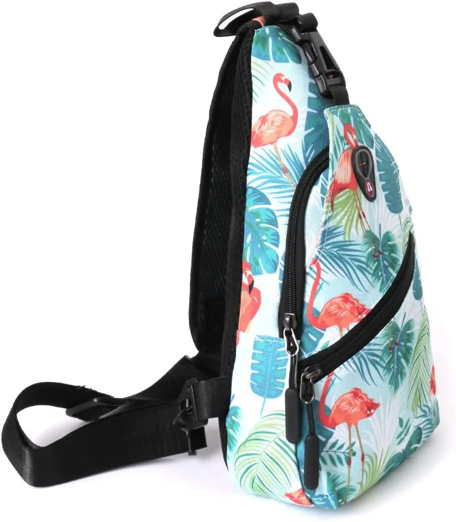 WESTEND Novelty Crossbody Sling Bag Backpack with Adjustable Strap for Men and Women. Flamingo with Tropical Leaves
