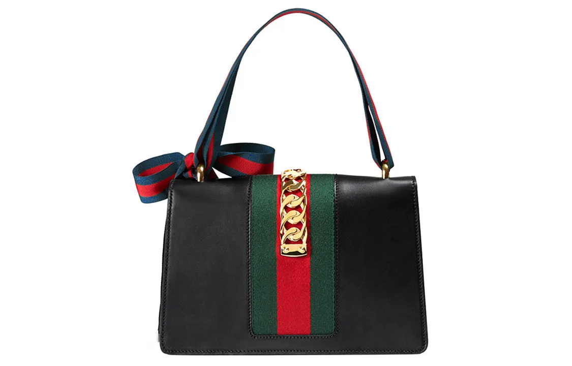 (WMNS) GUCCI Sylvie Gold buckle Stripe Webbing Bow Wide Version Leather handbag Small Black 421882CVLEG-8638
