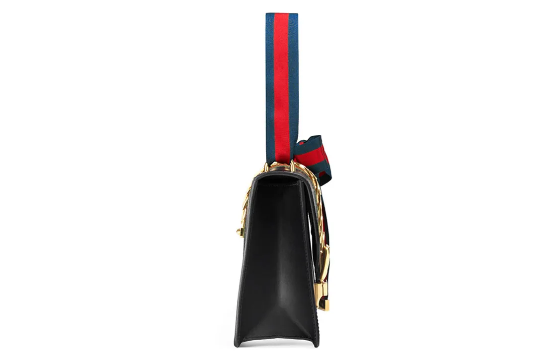 (WMNS) GUCCI Sylvie Gold buckle Stripe Webbing Bow Wide Version Leather handbag Small Black 421882CVLEG-8638