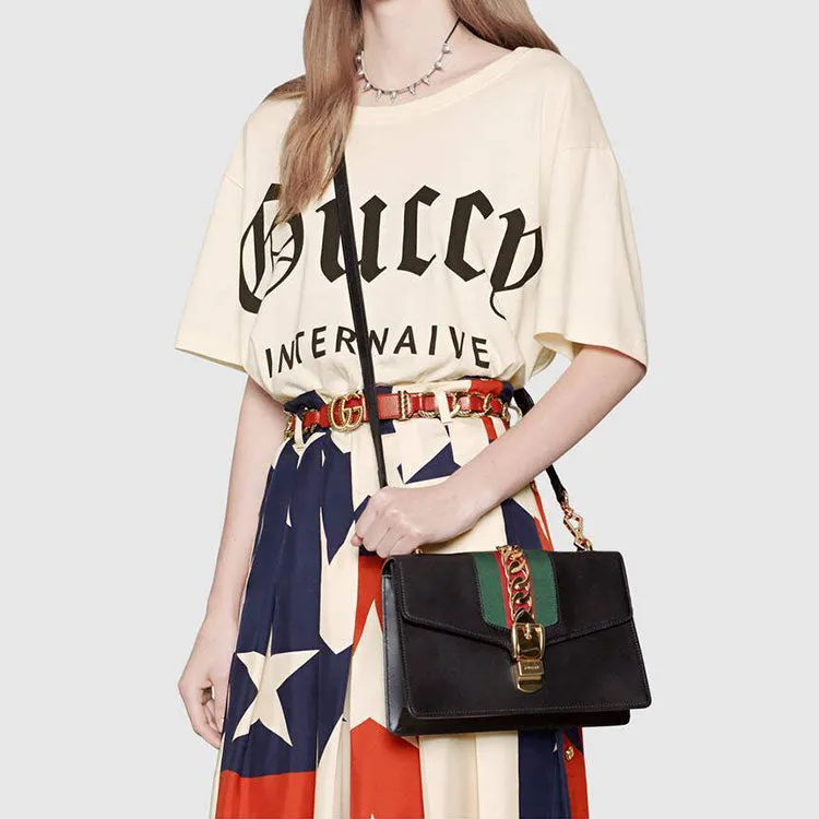 (WMNS) GUCCI Sylvie Gold buckle Stripe Webbing Bow Wide Version Leather handbag Small Black 421882CVLEG-8638