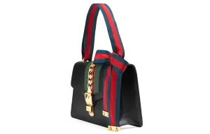 (WMNS) GUCCI Sylvie Gold buckle Stripe Webbing Bow Wide Version Leather handbag Small Black 421882CVLEG-8638