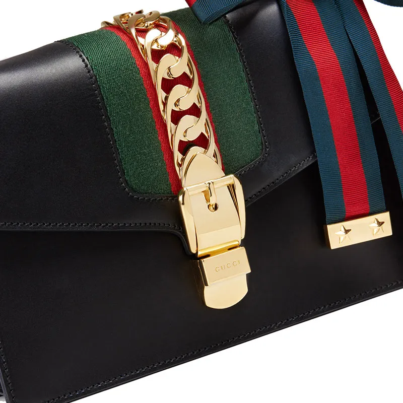 (WMNS) GUCCI Sylvie Gold buckle Stripe Webbing Bow Wide Version Leather handbag Small Black 421882CVLEG-8638