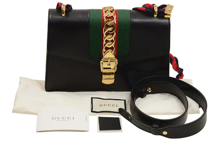 (WMNS) GUCCI Sylvie Gold buckle Stripe Webbing Bow Wide Version Leather handbag Small Black 421882CVLEG-8638