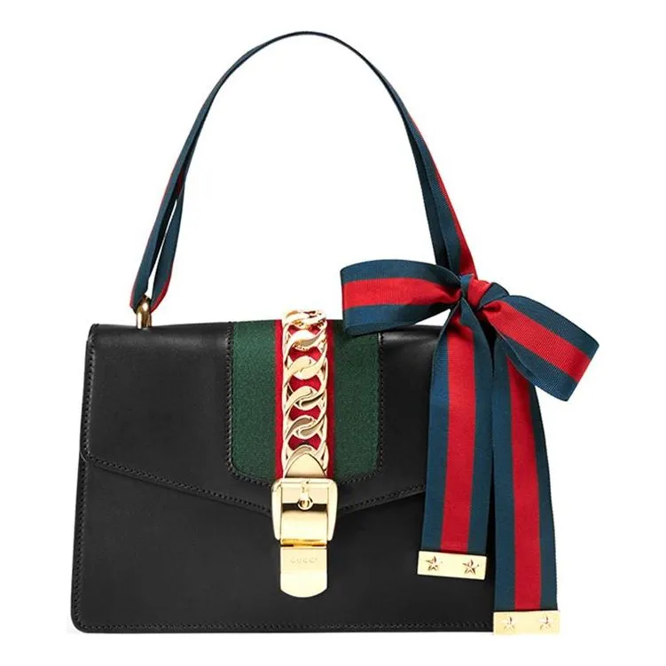 (WMNS) GUCCI Sylvie Gold buckle Stripe Webbing Bow Wide Version Leather handbag Small Black 421882CVLEG-8638