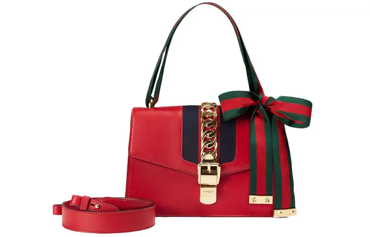 (WMNS) Gucci Sylvie Gold buckle Stripe Webbing Bow Wide Version Leather handBag Small Red 421882-CVLEG-8604