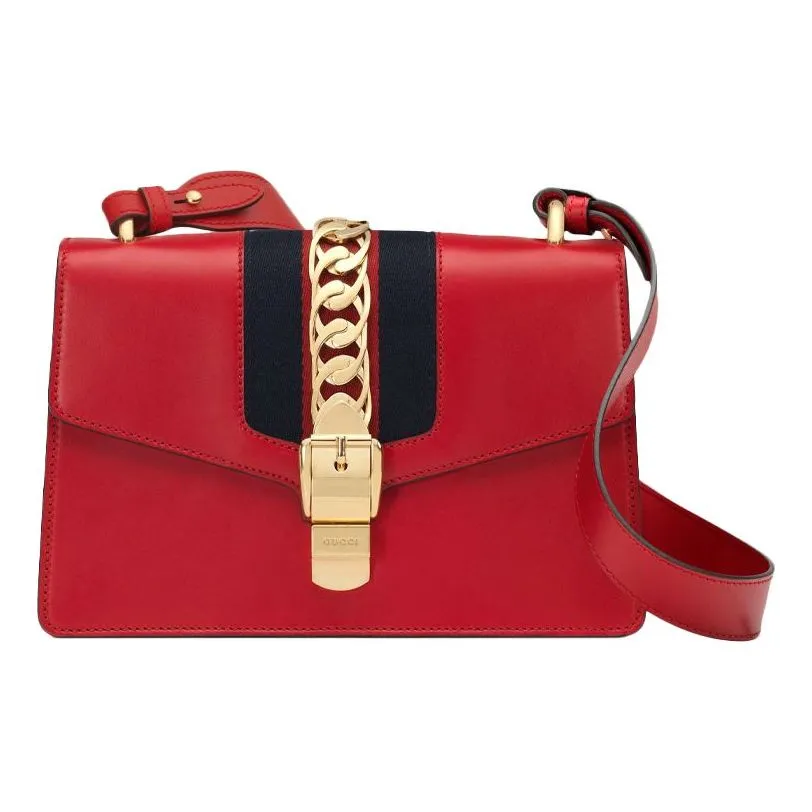 (WMNS) Gucci Sylvie Gold buckle Stripe Webbing Bow Wide Version Leather handBag Small Red 421882-CVLEG-8604
