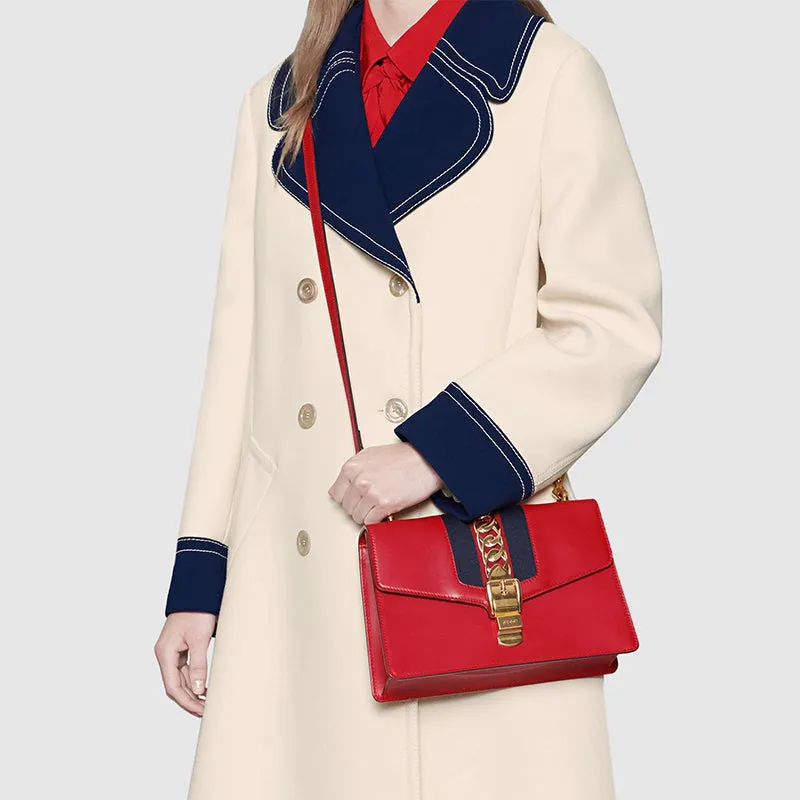 (WMNS) Gucci Sylvie Gold buckle Stripe Webbing Bow Wide Version Leather handBag Small Red 421882-CVLEG-8604