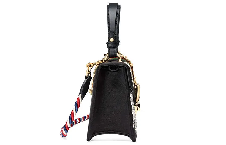 (WMNS) Gucci Sylvie Gold Buckle Stripe Webbing Mini Black HandBag 470270-9AAQG-8720