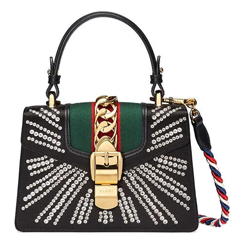 (WMNS) Gucci Sylvie Gold Buckle Stripe Webbing Mini Black HandBag 470270-9AAQG-8720