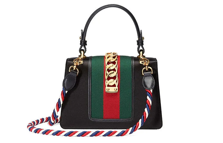 (WMNS) Gucci Sylvie Gold Buckle Stripe Webbing Mini Black HandBag 470270-9AAQG-8720
