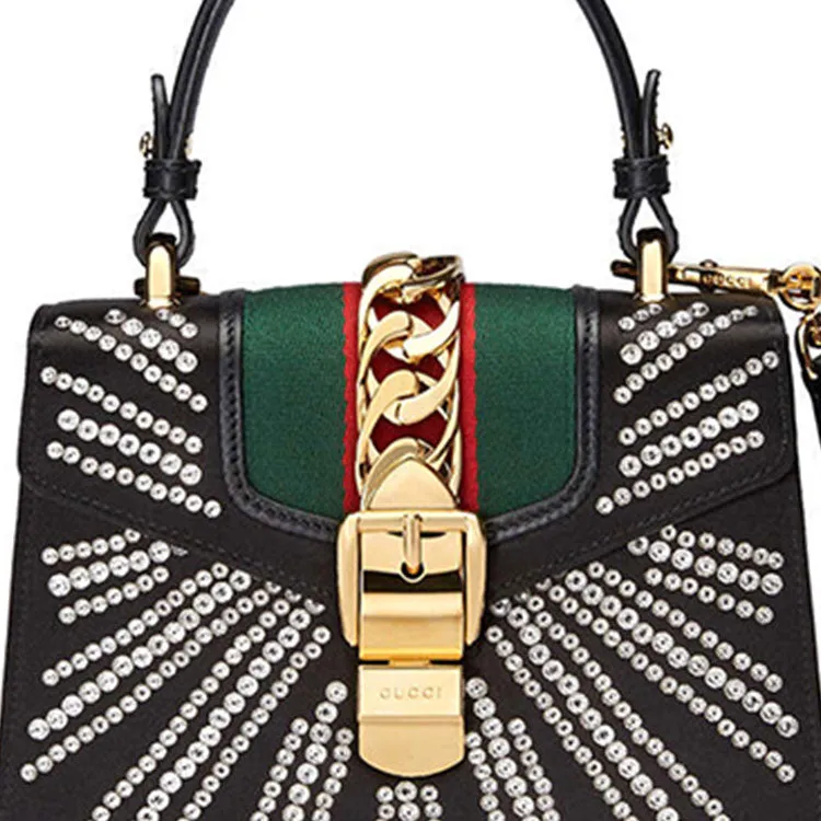 (WMNS) Gucci Sylvie Gold Buckle Stripe Webbing Mini Black HandBag 470270-9AAQG-8720
